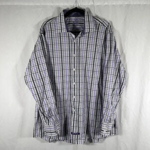 French Laundry Dress Shirt Men's 17.5 34 35 Purple White Plaid Button Up Cotton
